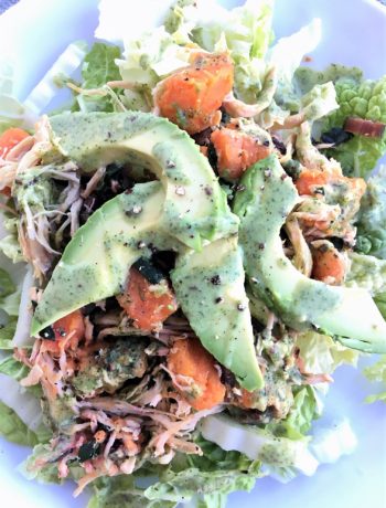 Pulled Chicken n Sweet Potato Hash Salad with Coconut Verde Sauce Dressing